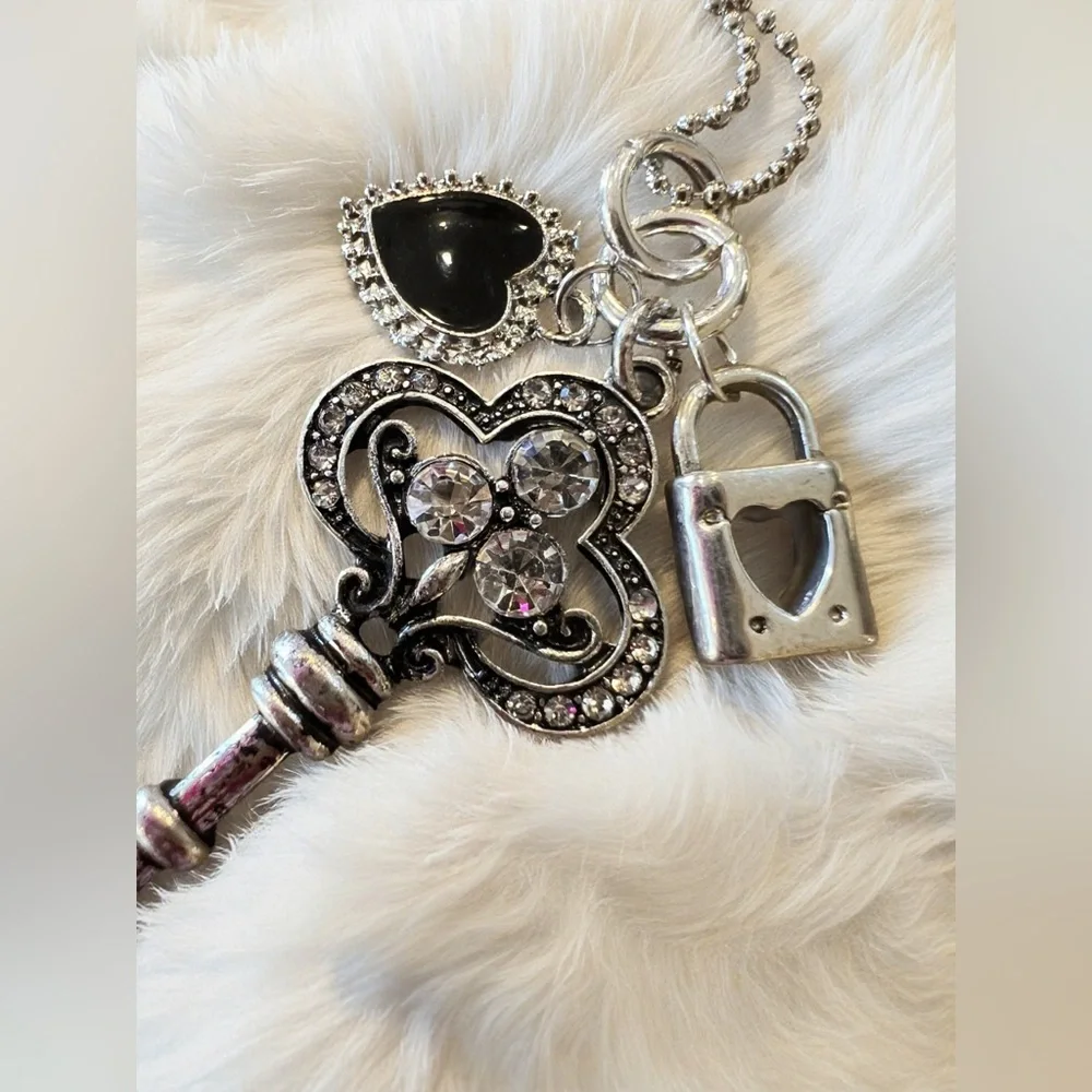 Gorgeous Black and Silver Toned Heart Lock and Key Pendant Necklace